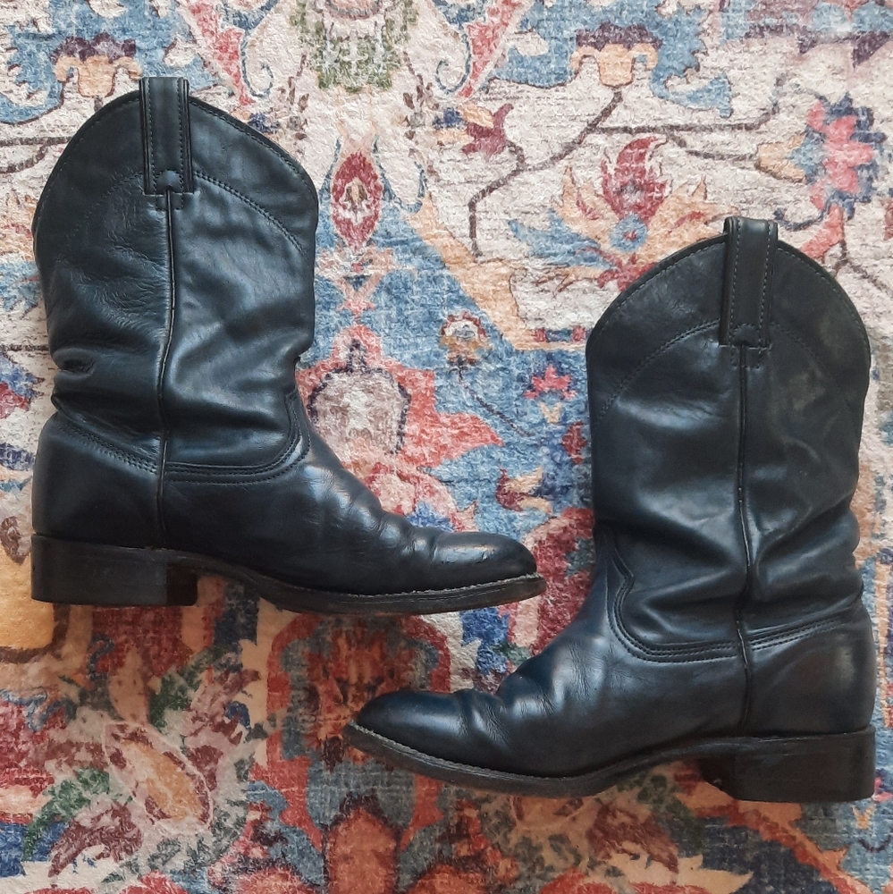 Wrangler Navy Blue Leather Roper Style Pull-On Boots *Made In USA* Sz 8.5